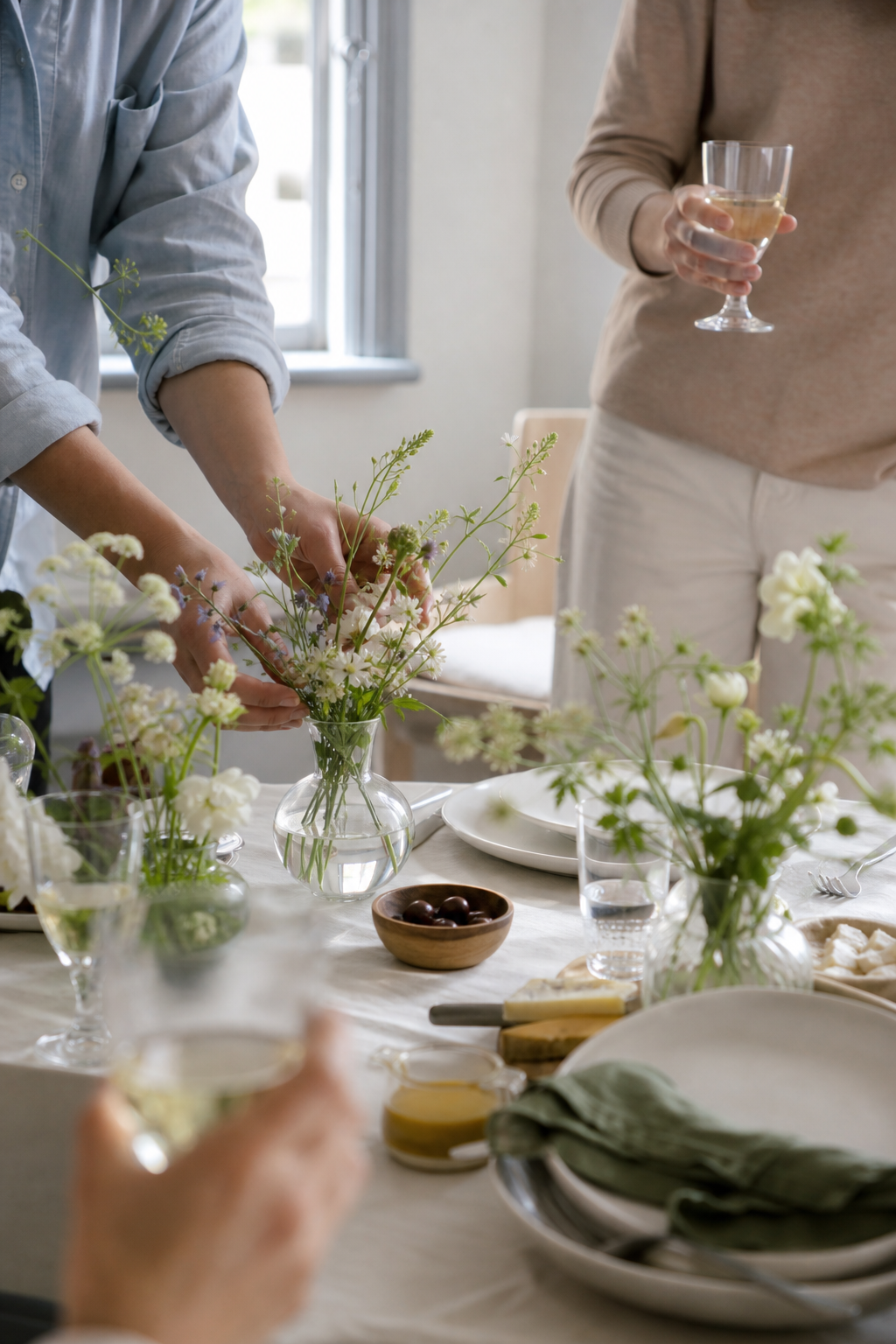 Hände arrangieren Blumen auf einem gedeckten Tisch