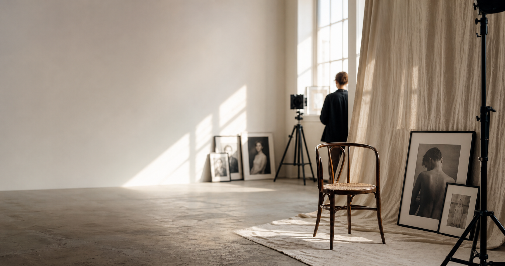 Helles Fotostudio mit Leinenhintergrund, Holzstuhl und gerahmten Portraits